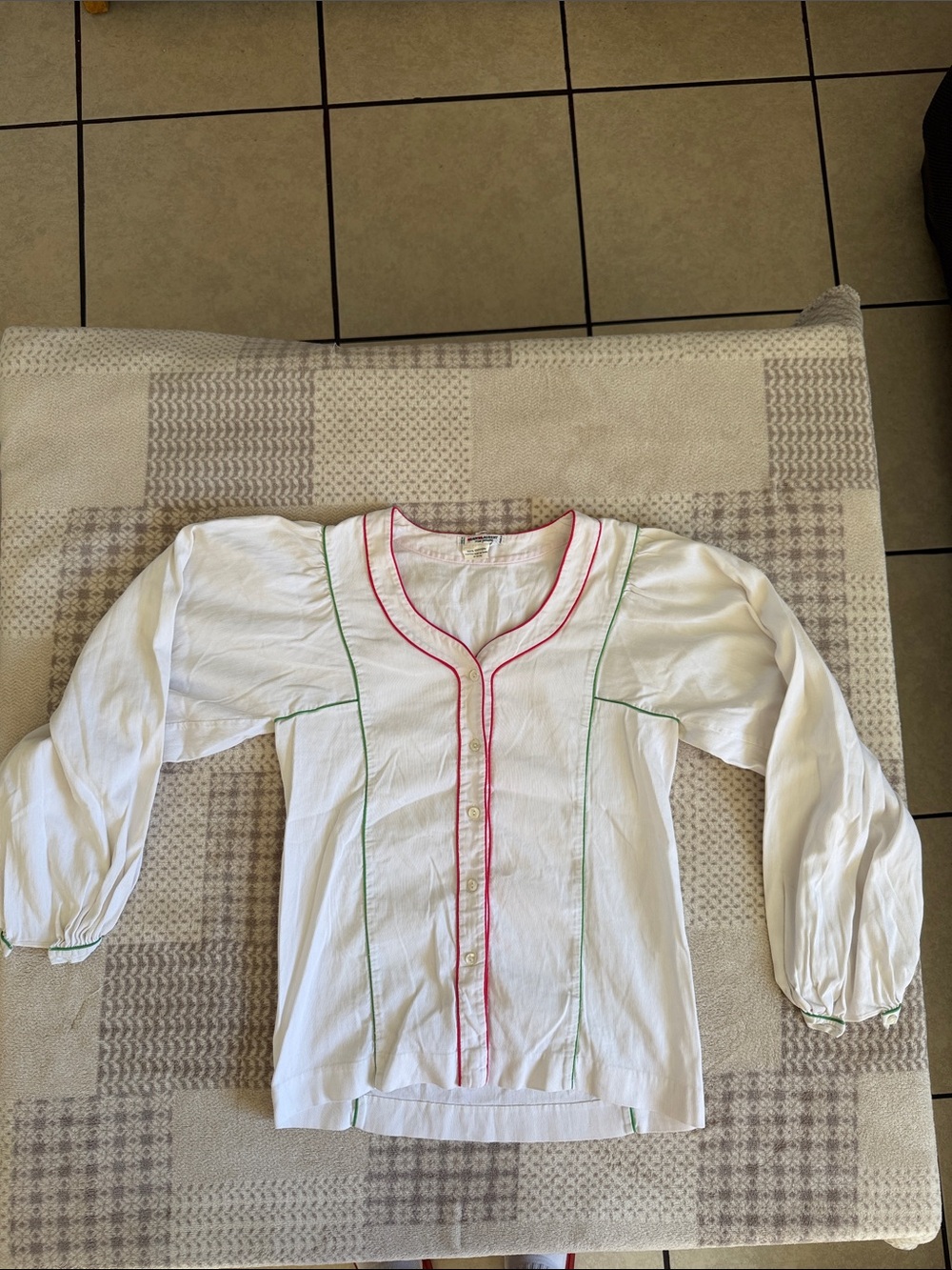 Rare Vintage Yves Saint Laurent White Women’s Blouse with Pink & Green Piping
